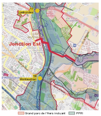 Situation de la Jonction Est dans la trame bleue